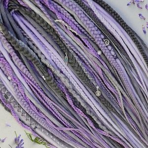 Custom Synthetic Dreadlock Extensions in Lavender & Grey with Silver Accents - Single or Double-Ended Dreads, Braid In Dreads, Purple dreads