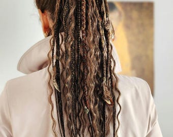 Extensiones de trenzas, rizos y rastas marrones hechas a mano con banda elástica: coleta afro sintética para peinados bohemios, diadema con rastas marrones.