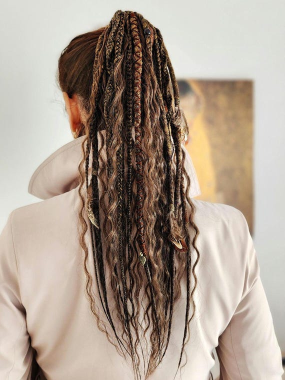 Handmade Brown Braids, Curls, Dreads Extensions on Elastic Hairband – Synthetic Afro Ponytail for Boho Hairstyles, Brown Dreadlock Headband