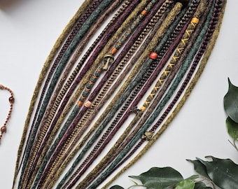 Forest Dreads on Hairband, Synthetic Dreads Ponytail, Handmade Hair Extensions, Burgundy, Green, Yellow Dreads on Elastic Band