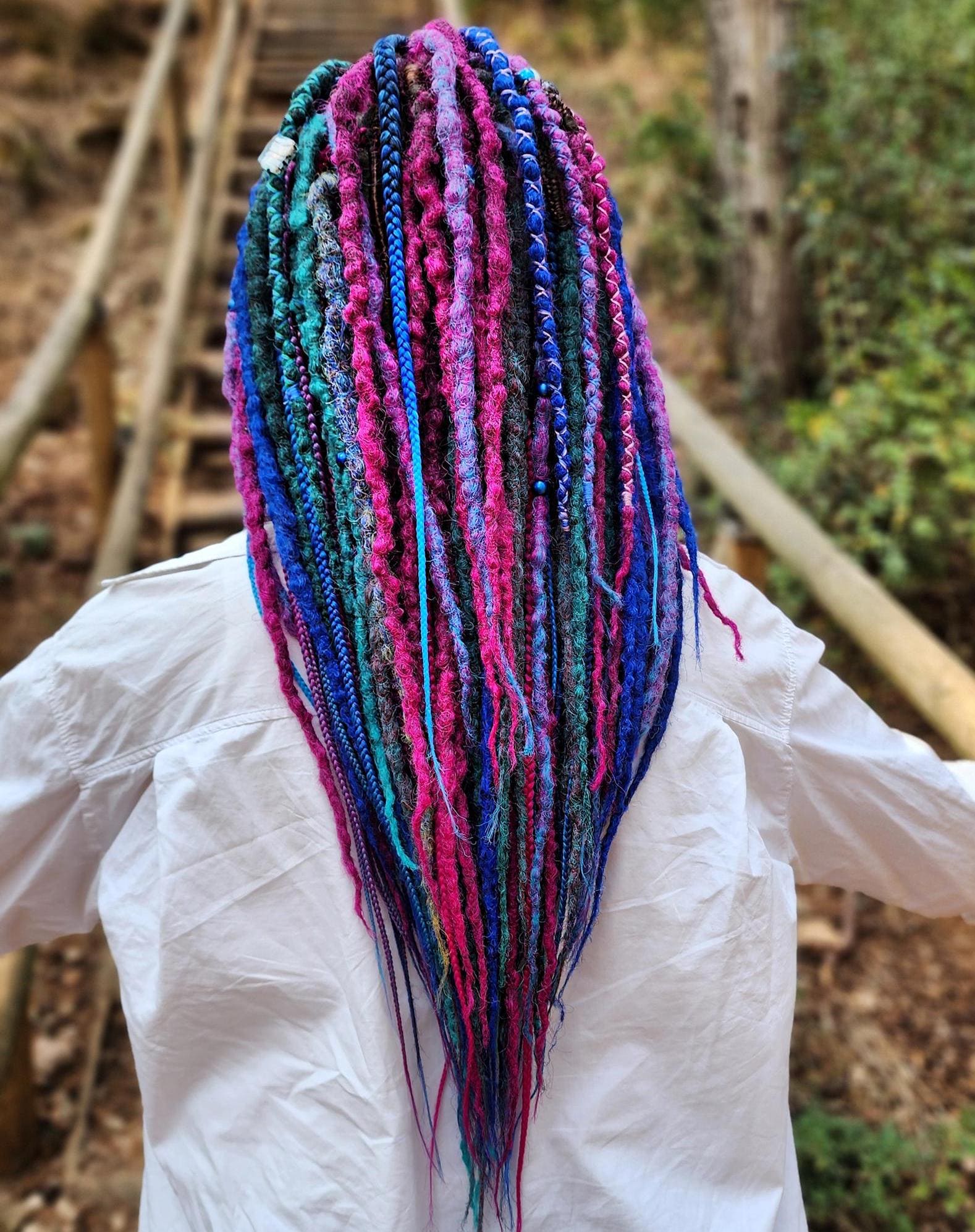 Wool Dreads DE about 26-28 inches long. This is a full head set purple and blue Amazon.com : Lounoke 24 In Double Ended Dreadlock Extensions  main image 2