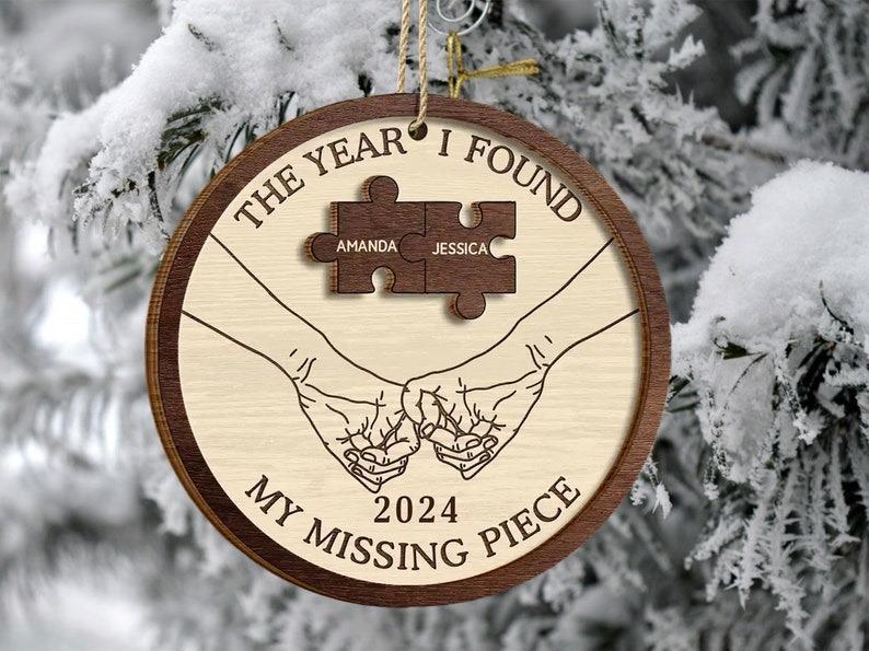 The Year I Found My Missing Piece Couples, Custom 2-Layered Wooden Ornament, Couple Christmas Ornament, Newly Wed 2024 Gift, Christmas Decor