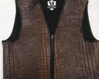 Men's Crocodile Leather Vest Distressed Brown Vest, Motorcycle Vest, Custom Biker Vest, Alligator Embossed Leather Vest Gift For him