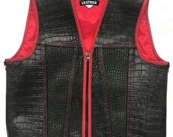 New Men's Crocodile Embossed Leather Vest, Motorcycle Vest Thick Biker Vest, Black Real Cow Leather Vest Gift for Him