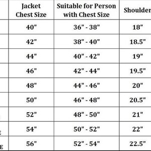 May include: A detailed size chart for jackets, displaying chest sizes from 40" to 56" and corresponding measurements for shoulders and sleeves. The chart includes sizes from XS to 5XL, with chest sizes suitable for persons with chest sizes from 36" to 54".
