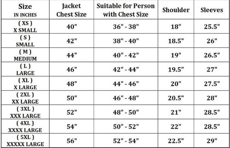 May include: A detailed size chart for jackets, displaying chest sizes from 40" to 56" and corresponding measurements for shoulders and sleeves. The chart includes sizes from XS to 5XL, with chest sizes suitable for persons with chest sizes from 36" to 54".