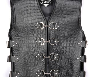 New Men's Alligator Leather Vest, Motorcycle Vest Custom Vest, Biker Vest Black Real Leather Crocodile Vest