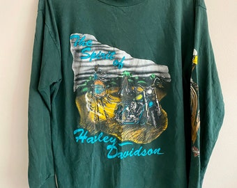 Vintage Harley-Davidson Long-sleeve T-Shirt Spirit Eagle Green Hogs Made in USA 1990s Single Stitch Native American Tribal Sturgis