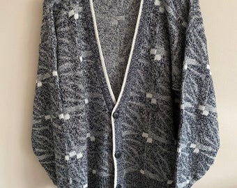 Vintage Geometric Schitt’s Creek Monochromatic Knit Cardigan Sweater Size Medium Rose Apothecary Made in Korea 1980s