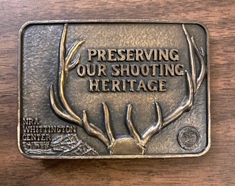 Vintage NRA Brass Belt Buckle National Rifle Association Whittington Center Shooting Heritage Deer Wagons 80s 70s