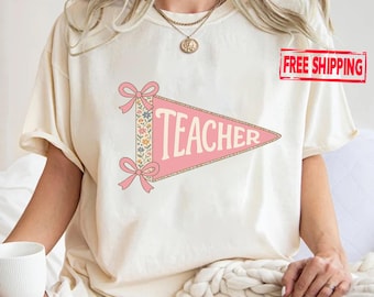 Pink Floral Pennant Teacher Shirt: Grandmillennial Back To School Style