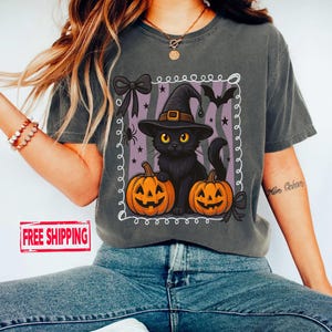 Halloween Pumpkin Back Cat T-Shirt, It&#39;s Never Too Early For Halloween Shirt, Retro Halloween Black Cat Shirt, Vintage Summerween Shirt