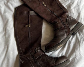 Replay vintage brown leather and suede mid-calf riding autumn/winter boots with straps EU 37/ US 7