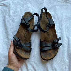 Papillio by Birkenstock leather women&#39;s sandals on heels with black straps cork midsole EU 40/ US 9.5