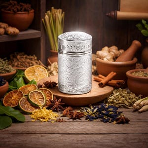 May include: A silver metal container with an ornate floral design, sitting on a wooden surface. The container is cylindrical with a lid. Surrounding the container are various spices, herbs, and dried citrus fruits, suggesting a theme of natural remedies or culinary ingredients.