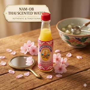 May include: A bottle of Thai scented water with a red cap and pink label, featuring text and a gold emblem. The bottle is filled with yellow liquid and surrounded by pink flowers and a small mirror. The text on the label reads "NAM-OB THAI SCENTED WATER AUTHENTIC & TRADITIONAL".