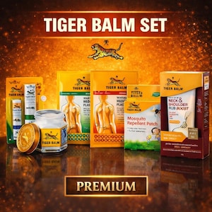 May include: A Tiger Balm set featuring various products, including jars, tubes, and boxes. The packaging is predominantly yellow and red, with the words "Tiger Balm" prominently displayed. The set includes a jar of balm, tubes, and patches.