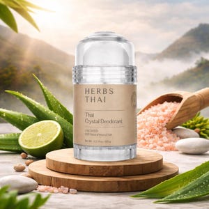 Könnte beinhalten: Ein klarer Thai Crystal Deodorant-Stick mit einem beigefarbenen Etikett, präsentiert auf einer Holzplattform. Das Etikett trägt die Aufschrift "Herbs Thai" und "Unscented 100% Natural Mineral Salt". Der Hintergrund umfasst Aloe Vera Blätter, eine Limette und einen Holzschöpfer mit rosa Salz.
