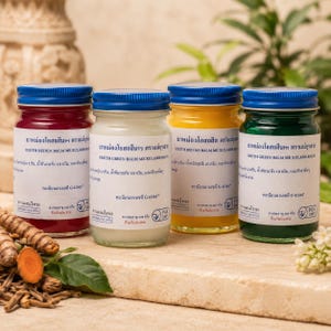 May include: Four glass jars with blue screw-on lids containing red, white, yellow, and green balms. Each jar features a white label with black text, including the brand name Osoth, Thai script, and a registration number G 41365.