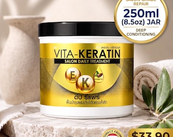 タイ産ケラチンヘアマスク（アルガンオイル＆ビタミンE配合、250ml） – ダメージヘア、乾燥ヘア、縮れ毛のためのディープサロンコンディショニングトリートメント