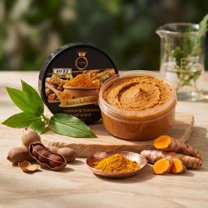 Op de afbeelding: Een ronde zwarte pot met Cosmic Turmerte Kurkuma Body Scrub met een doorzichtig deksel dat de dikke oranje pasta laat zien. Daarnaast liggen verse tamarindevruchten, oranje kurkumawortels en een koperen schaaltje met kurkumapoeder.