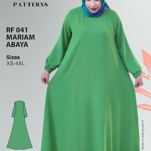 May include: A long-sleeved, green Mariam Abaya dress. The dress is a solid color with a flowing silhouette. The image includes the text "RF 041 MARIAM ABAYA" and "Sizes XS-4XL". The brand name "RAFAH SEW & GO PATTERNS" is also visible.