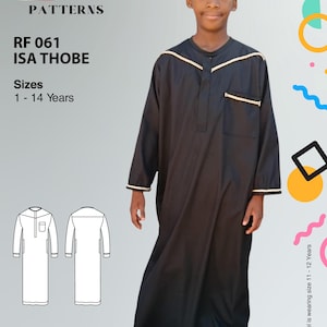 May include: A black thobe with gold trim, a white collar, and a pocket on the chest. The thobe is worn by a young person with a black and white patterned hat. The text "RF 061 ISA THOBE" and "Sizes 1-14 Years" is displayed above the image.