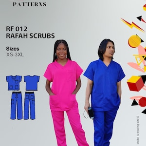 Puede incluir: Dos personas modelan batas médicas en rosa y azul. El texto de la imagen dice "RAFAH SEW & GO PATTERNS RF 012 RAFAH SCRUBS Sizes XS-3XL"