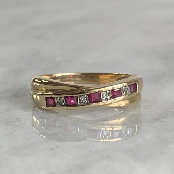 Ruby & Diamond Channel Set Crossover Ring 9ct 9k … - image 1
