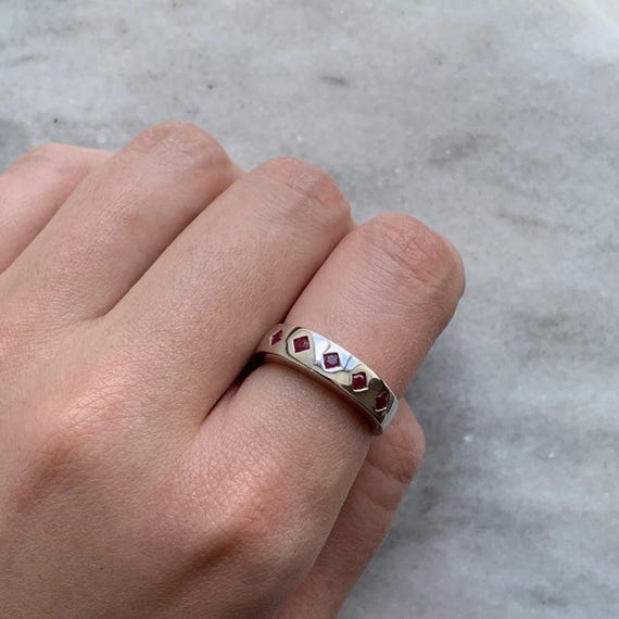 Ruby Five Stone Square Flush Set Ring 9ct 9K Whit… - image 5