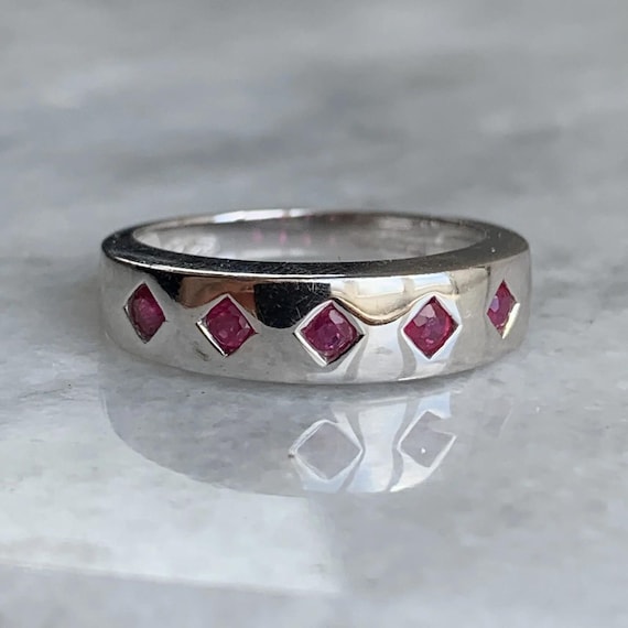 Ruby Five Stone Square Flush Set Ring 9ct 9K Whit… - image 1