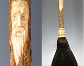 Hand Carved Fireplace Hearth Broom in choice of Natural, Black, Rust or Mixed Broomcorn, with Tree Spirit Wizard Carving Old Man Face