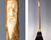 Hand Carved Kitchen Broom Sweeper in your choice of Natural, Black, Rust or Mixed Broomcorn, with Tree Spirit Wizard Carving Housewarming