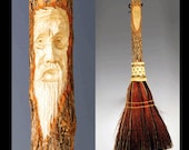 Hand Carved Fireplace Hearth Broom in choice of Natural, Black, Rust or Mixed Broomcorn, with Tree Spirit Wizard Carving Old Man Face