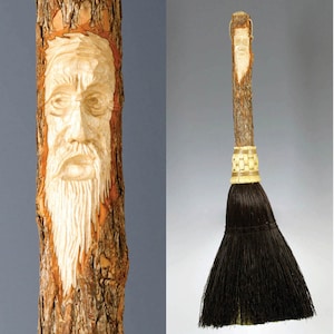 Fireplace Broom with Hand Carved Tree Spirit in choice of Natural, Black, Rust or Mixed Broomcorn - Standard Size Hearth Broom