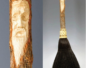 Hand Carved Tree Spirit Hearth Broom, Decorative Fireplace Broom