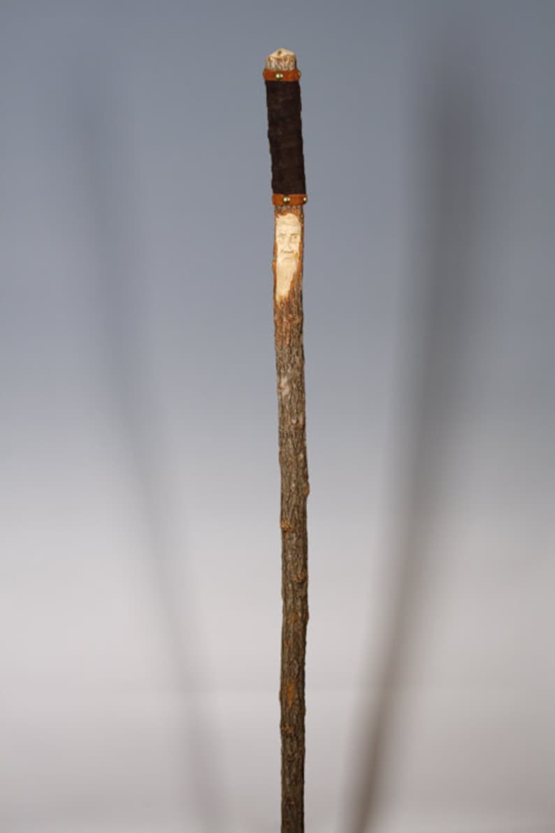 Walking Stick With Leather Wrap and Hand Carved Tree Spirit / Etsy