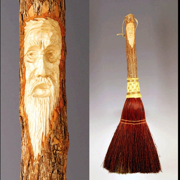 Fireplace Broom with Carving - Hearth Broom with Tree Spirit Carving Hearth Broom in your choice of Natural, Black, Rust or Mixed Broomcorn
