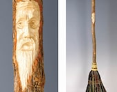 Carved Kitchen Broom in your choice of Natural, Black, Rust or Mixed Broomcorn - Hand Carved Tree Spirit - Wizard Carving