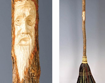 Carved Kitchen Broom in your choice of Natural, Black, Rust or Mixed Broomcorn - Hand Carved Tree Spirit - Wizard Carving on 56&quot; Tall Broom