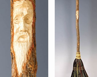 Sweep Magic into Your New Home: Carved Broom with Enchanting Wizard Face, Functional Art for Kitchen and Housewarming Gifts!