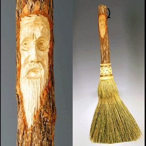 Hand Carved Fireplace Hearth Broom in choice of Natural, Black, Rust or Mixed Broomcorn, with Tree Spirit Wizard Carving, Old Man Face