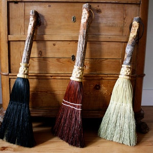 Fireplace Broom with Carving - Hearth Broom with Tree Spirit Carving Hearth Broom in your choice of Natural, Black, Rust or Mixed Broomcorn