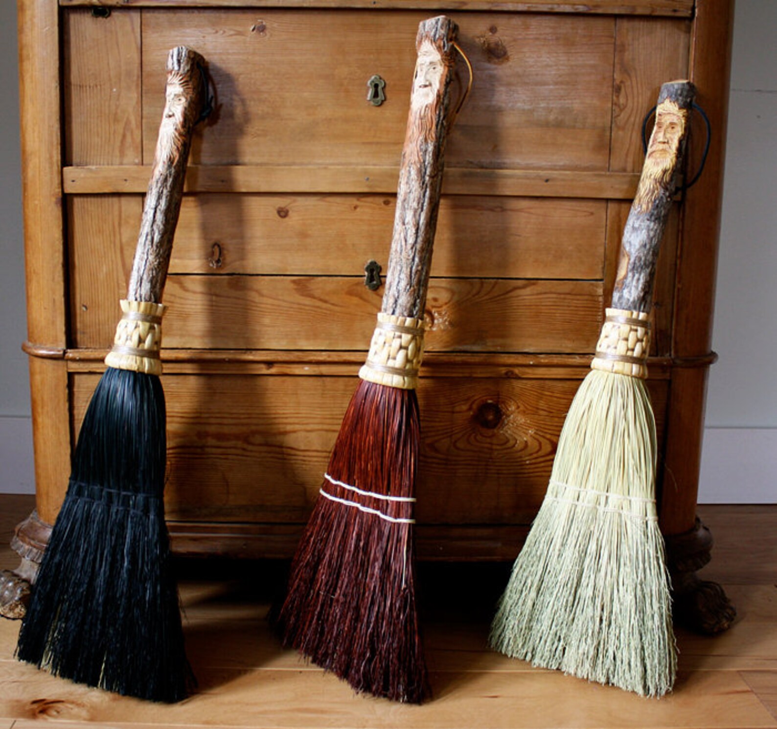 Carved Broom Set Kitchen Broom and Hearth Broom with Tree Etsy