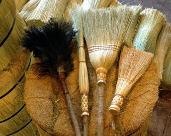 Spring Cleaning Broom & Duster Set in all Natural Broomcorn - Kitchen Broom, Cobweb Besom, Whisk and Feather Duster - Gift Set