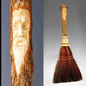 Hand Carved Fireplace Hearth Broom in choice of Natural, Black, Rust or Mixed Broomcorn  Tree Spirit / Wizard Carving / Housewarming Gift