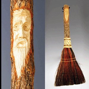 Hand Carved Fireplace Hearth Broom in choice of Natural, Black, Rust or Mixed Broomcorn   - Tree Spirit Wizard Carving - Housewarming Gift