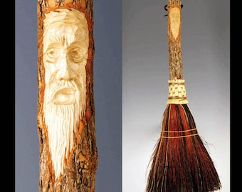 Hand Carved Tree Spirit Hearth Broom, Ozark Hardwood Handle