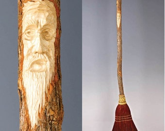 Hand Carved Kitchen Broom Sweeper in your choice of Natural, Black, Rust or Mixed Broomcorn, with Tree Spirit Wizard Carving Old Man Face