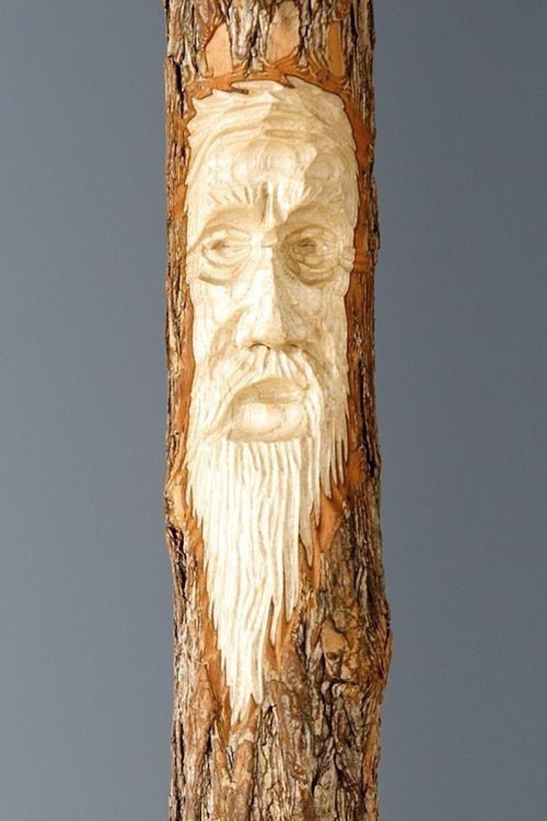 K&ouml;nnte beinhalten: Ein geschnitztes Holzgesicht einer &auml;lteren Person mit langem Bart ist in die Rinde eines Baumstammes geschnitzt.